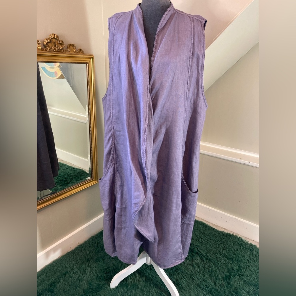 XL Cynthia Ashby Long Linen Sleeveless Snap Front Vest Jacket Dress